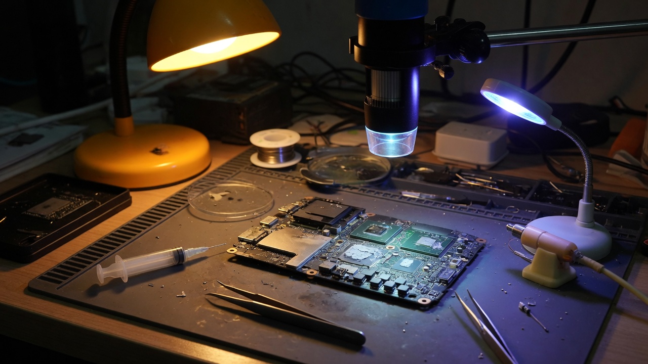 Electronics bench with a video microscope over a circuit board