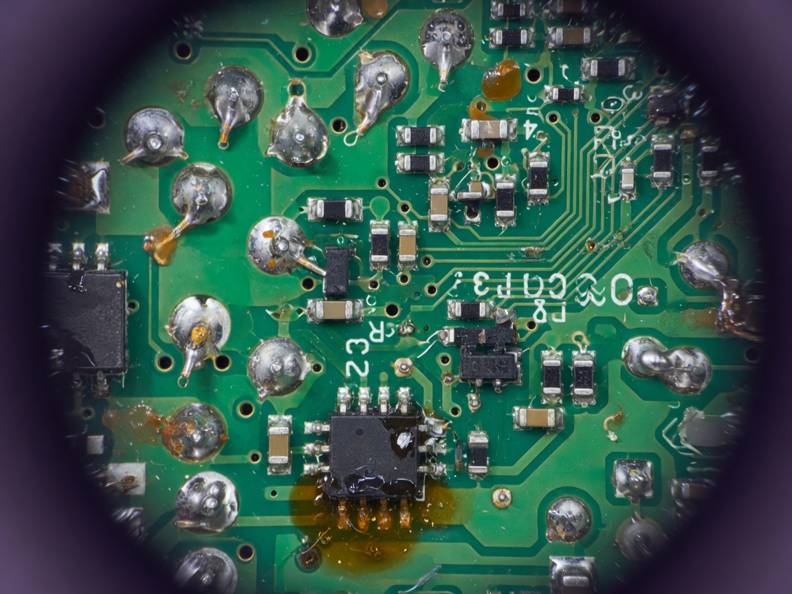 Magnified view of a circuit board through a video microscope